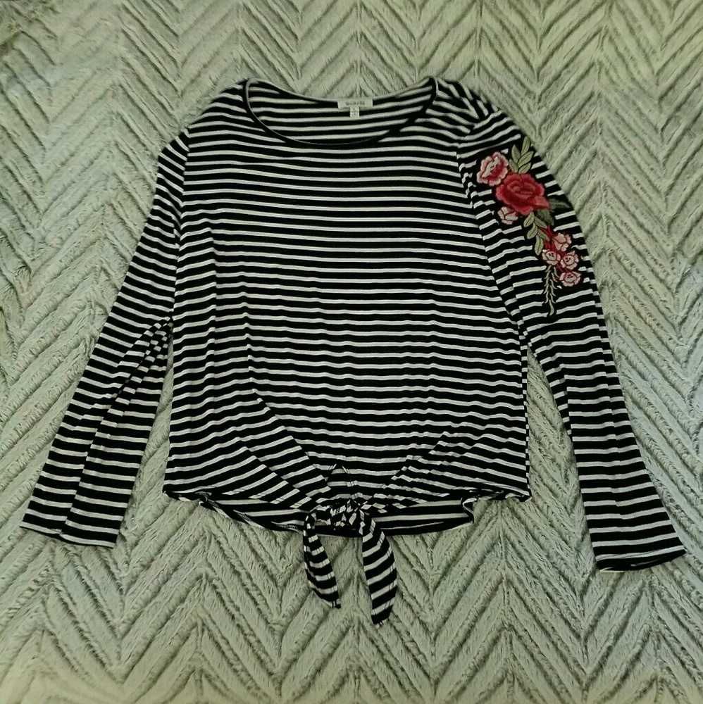 Black and White Stripe Long Sleeve Tee with Roses